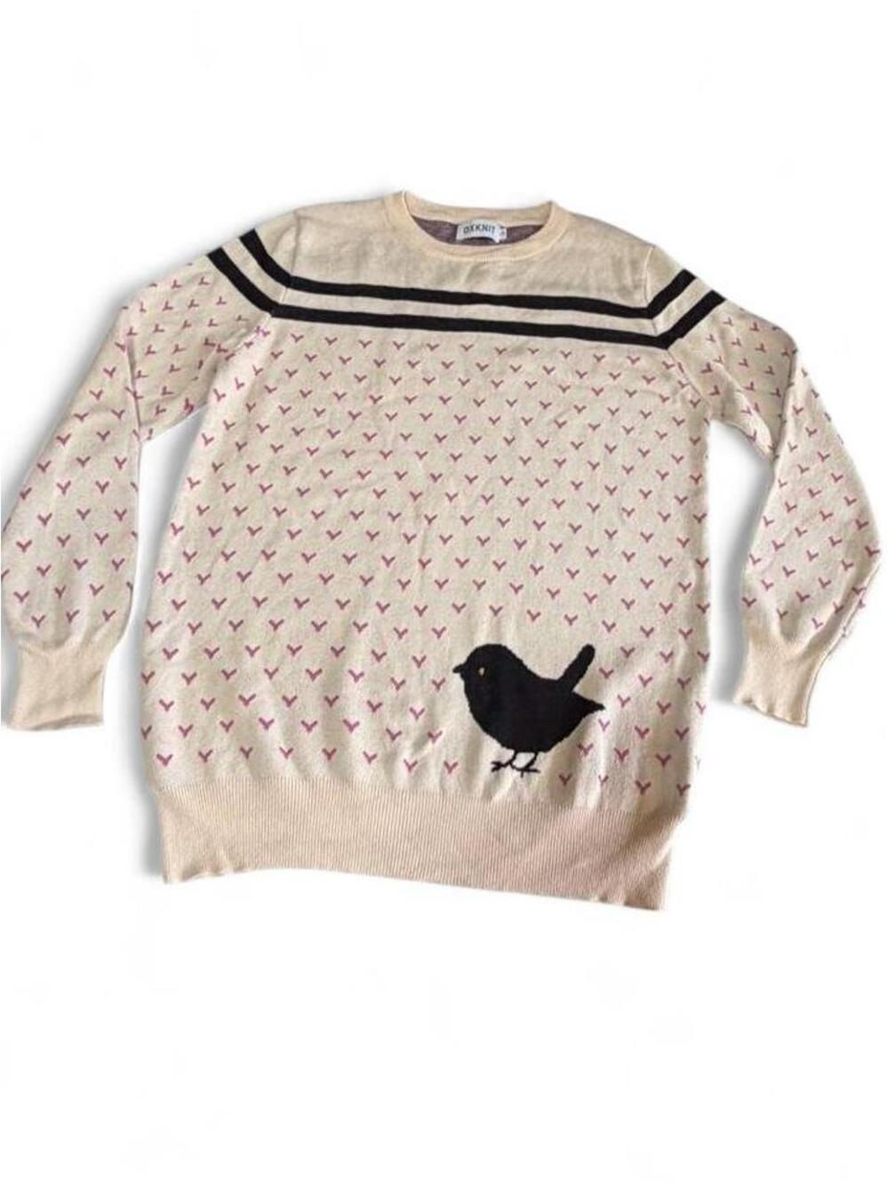 OXKNIT 2XL Beige and Pink Bird Pattern Knit Sweater - Picture 4 of 5